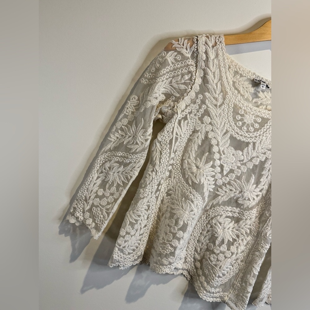 EXPRESS | Lace Embroidered Top | Boho Coquette Blouse | Sheer Floral - Picture 4 of 10